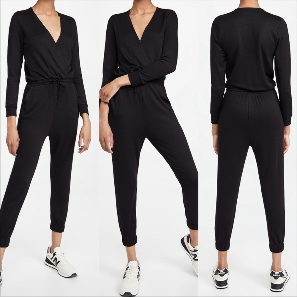 Beyond Yoga Cozy Fleece Jogger Black Jumpsuit with Criss Cross Opening L…